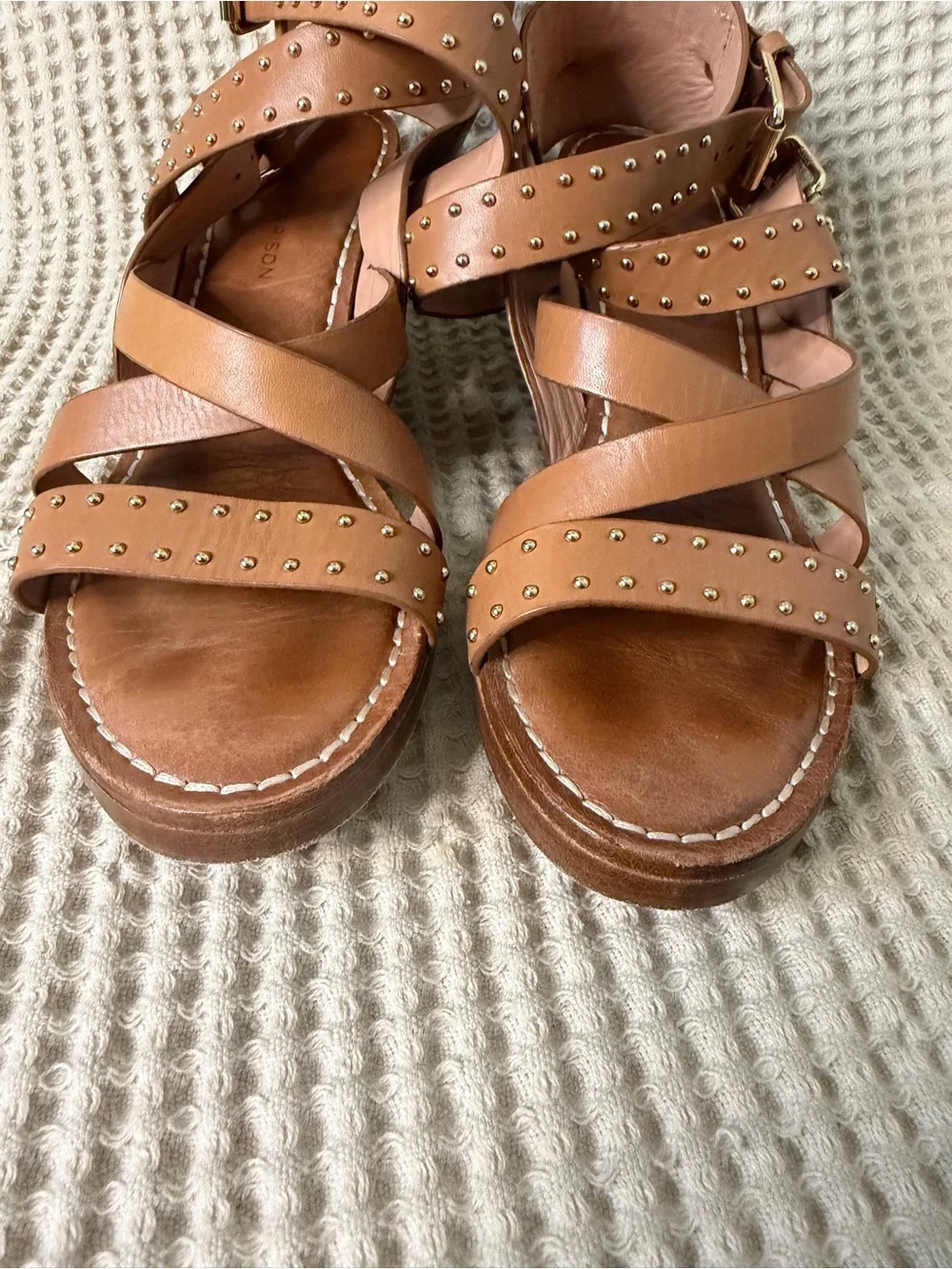 Sigerson Morrison Studded Leather Block Heel Sandals Tan Size 9B Designer Shoes - Picture 3 of 11